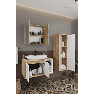 Lale Beyaz 80 Cm %100 Mdf Lavabolu Banyo Dolabı + Aynalı Dolap+ Boy Dolabı