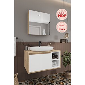 Lale Beyaz 90 Cm %100 Mdf Lavabolu Banyo Dolabı + Aynalı Dolap