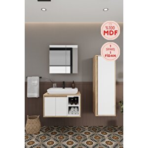Lale Beyaz 70 Cm Set  %100 Mdf Lavabolu Banyo Dolabı + Aynalı Dolap + Boy Dolabı