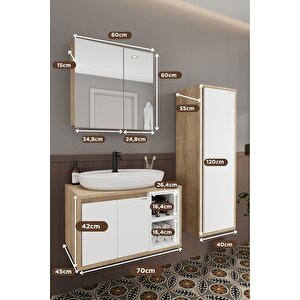 Lale Beyaz 70 Cm Set  %100 Mdf Lavabolu Banyo Dolabı + Aynalı Dolap + Boy Dolabı