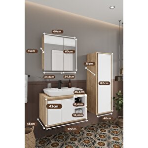 Lale Beyaz 70 Cm Set  %100 Mdf Lavabolu Banyo Dolabı + Aynalı Dolap + Boy Dolabı