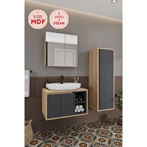 Lale 70 Cm Set  %100 Mdf Lavabolu Banyo Dolabı + Aynalı Dolap + Boy Dolabı