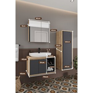 Lale 70 Cm Set  %100 Mdf Lavabolu Banyo Dolabı + Aynalı Dolap + Boy Dolabı
