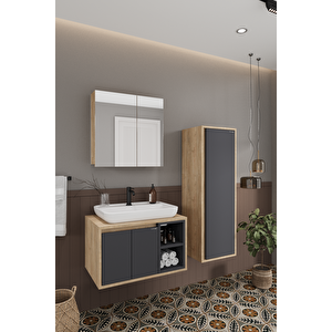Lale 70 Cm Set  %100 Mdf Lavabolu Banyo Dolabı + Aynalı Dolap + Boy Dolabı