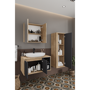 Lale 70 Cm Set  %100 Mdf Lavabolu Banyo Dolabı + Aynalı Dolap + Boy Dolabı