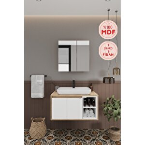 Lale Beyaz 80 Cm %100 Mdf Lavabolu Banyo Dolabı + Aynalı Dolap