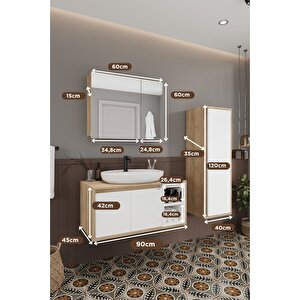Lale Beyaz 90 Cm %100 Mdf Lavabolu Banyo Dolabı + Boy Dolabı