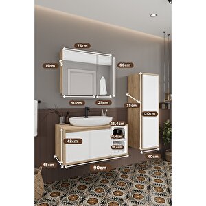 Lale Beyaz 90 Cm %100 Mdf Lavabolu Banyo Dolabı + Boy Dolabı