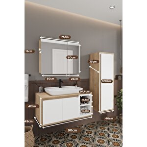 Lale Beyaz 90 Cm %100 Mdf Lavabolu Banyo Dolabı + Boy Dolabı