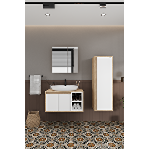 Lale Beyaz 90 Cm %100 Mdf Lavabolu Banyo Dolabı + Boy Dolabı