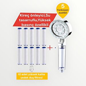 10 Adet Yedek Filtreli Masaj Özellikli Yüksek Basınçlı,kireç Önleyici Duş Başlığı Krom Beyaz