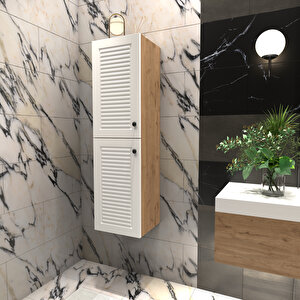 Panjur Kapaklı Banyo Asma Boy Dolabı | Ahşap - Beyaz Sepet - Beyaz
