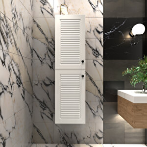 Panjur Kapaklı Banyo Asma Boy Dolabı | Ahşap - Beyaz Sepet - Beyaz