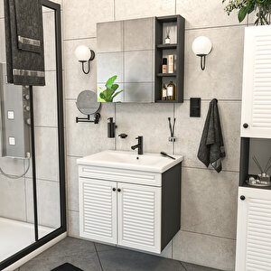 Panjur Kapaklı | Aynalı | Lavabolu | Askılı | Banyo Lavabo Dolabı Seti | Antrasit - Beyaz Antrasit Beyaz