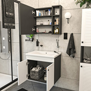 Panjur Kapaklı | Aynalı | Lavabolu | Askılı | Banyo Lavabo Dolabı Seti | Antrasit - Beyaz