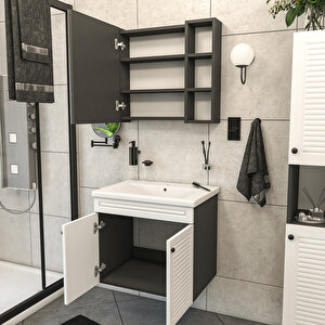 Panjur Kapaklı | Aynalı | Lavabolu | Askılı | Banyo Lavabo Dolabı Seti | Antrasit - Beyaz