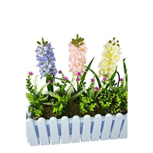 Yapay Çiçek Renkli Sümbül Çiçekleri Beyaz Çit Saksıda Küpeşte Askılı Balkon Çiçeği Çiçek Sepeti