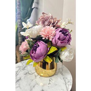 Yapay Çiçek Aranjmanı Gold Metal Vazoda Şakayık Gül Ve Krizantem Salon Çiçeği