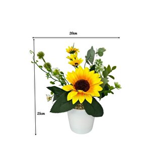 Yapay Çiçek Ay Çiçeği Aranjmanı Beyaz Plastik Saksılı 25cm Dekoratif Süs Çiçeği