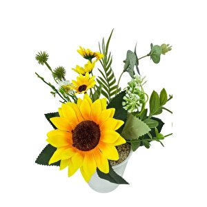 Yapay Çiçek Ay Çiçeği Aranjmanı Beyaz Plastik Saksılı 25cm Dekoratif Süs Çiçeği