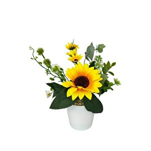Yapay Çiçek Ay Çiçeği Aranjmanı Beyaz Plastik Saksılı 25cm Dekoratif Süs Çiçeği