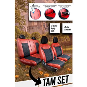 Seat İbiza Eski̇ Uyumlu Lüx Deri Süet Oto Koltuk Kılıfı Ön Arka Takım Premium Kırmızı Siyah Kırmızı - Siyah