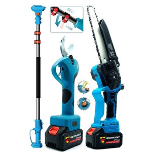 Germany Style Mx- Teleskopik Uzatamalı Çift Akülü 2.5 Metre Yağlı 24 Cm Budama Testeresi Ve 40 Mm Makas Seti