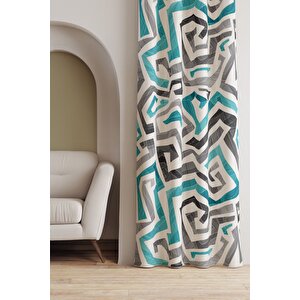 Ays Home Turkuaz Gri Renk Geometrik Fon Perde