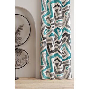 Ays Home Turkuaz Gri Renk Geometrik Fon Perde