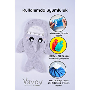 Shark Desenli Gri Su Torbası Kılıfı Yumuşak, Rahatlatıcı Ve Isı Terapisi (termojel Hediyeli)