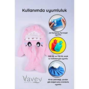 Shark Desenli Pembe Su Torbası Kılıfı Yumuşak, Rahatlatıcı Ve Isı Terapisi (termojel Hediyeli)