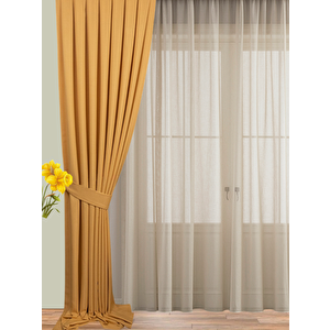 Keten Fon Perde Pilesiz Hardal 260x255 cm