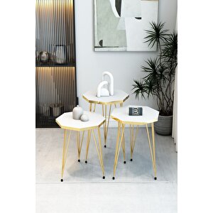 3'lü Sekizgen Zigon Sehpa Seti - Gold Metal Ayaklı, Modern & Şık Yan Sehpa, Dayanıklı Salon Ofis Beyaz