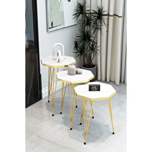 3'lü Sekizgen Zigon Sehpa Seti - Gold Metal Ayaklı, Modern & Şık Yan Sehpa, Dayanıklı Salon Ofis Beyaz