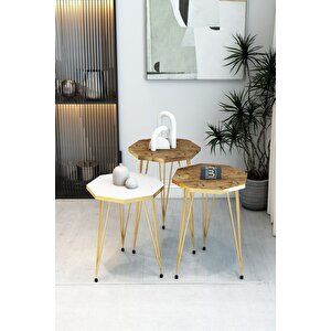 3'lü Sekizgen Zigon Sehpa Seti - Gold Metal Ayaklı, Modern & Şık Yan Sehpa, Dayanıklı Salon Ofis Atlantik Çam - Beyaz