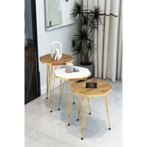 3'lü Sekizgen Zigon Sehpa Seti - Gold Metal Ayaklı, Modern & Şık Yan Sehpa, Dayanıklı Salon Ofis Atlantik Çam - Beyaz