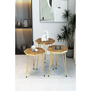 3'lü Sekizgen Zigon Sehpa Seti - Gold Metal Ayaklı, Modern & Şık Yan Sehpa, Dayanıklı Salon Ofis Atlantik Çam