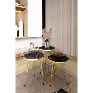 3'lü Sekizgen Zigon Sehpa Seti - Gold Metal Ayaklı, Modern & Şık Yan Sehpa, Dayanıklı Salon Ofis Siyah Mermer