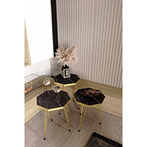 3'lü Sekizgen Zigon Sehpa Seti - Gold Metal Ayaklı, Modern & Şık Yan Sehpa, Dayanıklı Salon Ofis Siyah Mermer