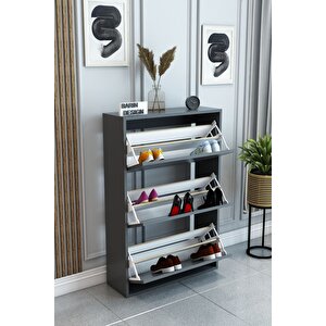 3 Raflı Ayakkabılık Düşer Kapak Kayar Kapak Vestiyer Portmanto Katlı Bölmeli Kapı Önü Modern Antrasit