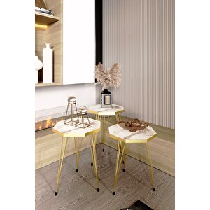 3'lü Sekizgen Zigon Sehpa Seti - Gold Metal Ayaklı, Modern & Şık Yan Sehpa, Dayanıklı Salon Ofis Beyaz Mermer