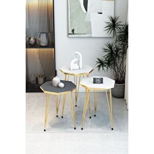 3'lü Sekizgen Zigon Sehpa Seti - Gold Metal Ayaklı, Modern & Şık Yan Sehpa, Dayanıklı Salon Ofis Beyaz - Antrasit