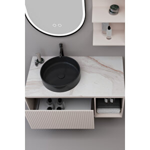 Almonde 100 Cm Siyah Lavabolu Banyo Dolabı Krem - Raf Modül Ve Boy Dolap Dahil