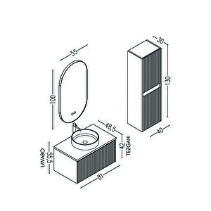 Almonde 80 Cm Siyah Lavabolu Banyo Dolabı Krem - Boy Dolap Dahil