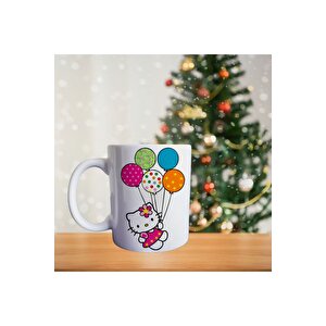 Hello Kitty - Rengarenk Uçan Balonlu - Kişiye Özel Hediye - Çizgi Film Temalı Porselen Kupa