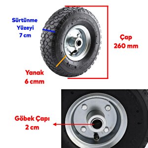 El Arabası Yük Taşıma Tekeri Siboplu Bilyeli Rulmanlı Havalı Dublex 260x80 Mm Çelik Jant Tekerlek