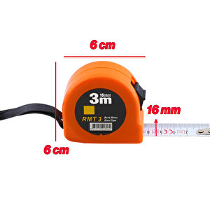 Şerit Metal Bükülebilir Metre Plastik Kasalı 3 M X 16 Mm Turuncu Renk Düğmeli Ölçüm Ölçme