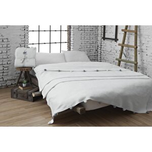 Çift Kişilik Ponponlu Pike Battaniye 200x220 Krem Krem