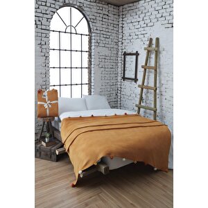 Tek Kişilik Ponponlu Pike Battaniye 150x200 Hardal Hardal