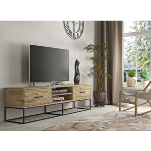 Limra Modern 2 Çekmeceli Metal Ayaklı Tv Sehpası - Atlantik Çam
